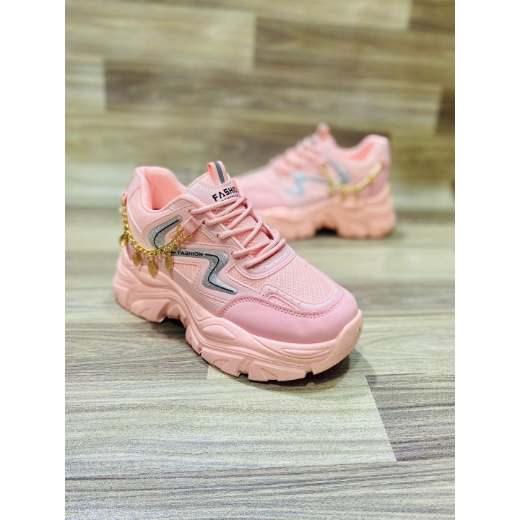 Pink Chunky Sneakers with Gold Chain Detail for Women