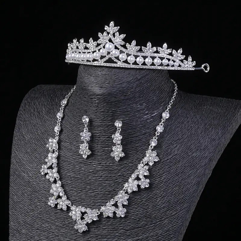 Pakistani Bridal Crown Necklace Earrings Set with Rhinestones